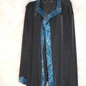 Long Black Button up LightWeight Jacket with Teal Leopard Trim Size 3XL USED